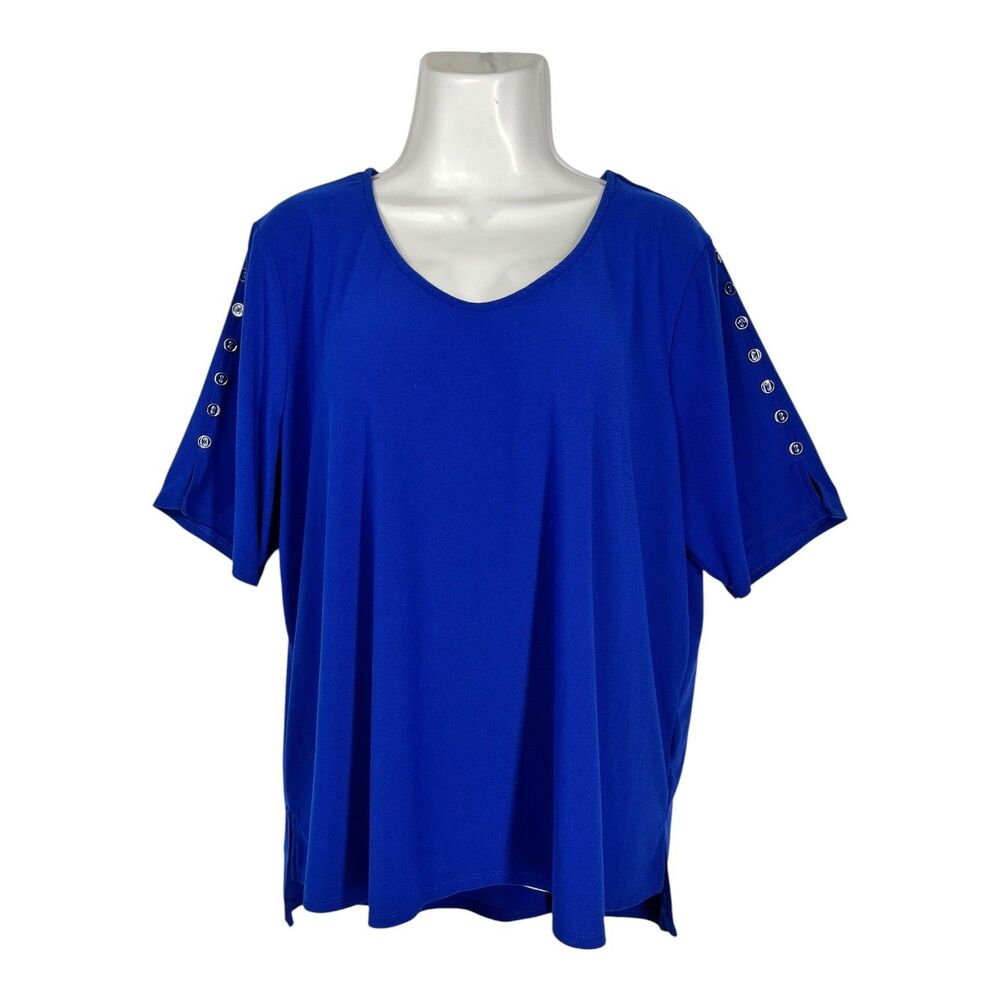 Love Scarlet Women Top Plus 1X Royal Blue Grommet Sleeve Scoop Neck Blouse Chic